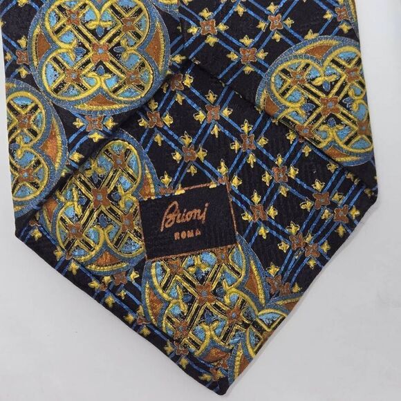 BRIONI SILK TIE BLACK BLUE GOLD NORDIC GEOMETRIC CIRCLES STRIPE 4" X 59" - Picture 4 of 4